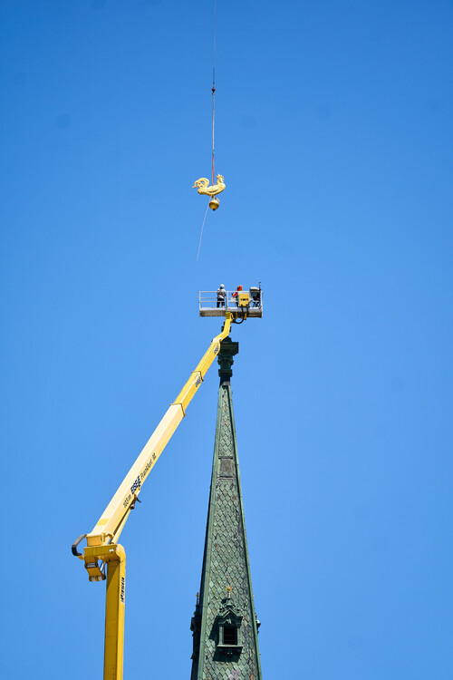 Hagedorn Pressefoto_Der Wetterhahn schwebt am Helikopterseil zur Kirchturmspitze, wo das Team im Arbeitskorb bereitsteht..jpg